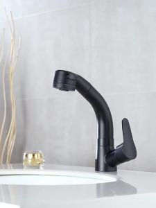 SXH Bathroom all-copper white-painted countertop-mounted washbasin with a pull-out swivel faucet for hot and cold water