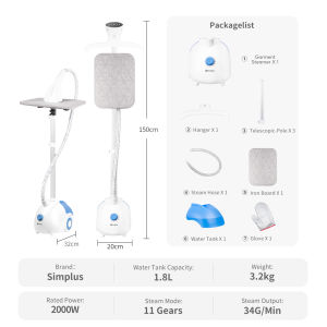 Simplus 2 in 1 Garment Steamer 34g/Min Max Steam Output 2000W Flat&Hanging Vertical Ironing Machine Ironing Board Double Poles Rotatable Handheld