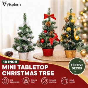 Tabletop Christmas Tree Artificial Mini Xmas Decor Pre Lit Ribbon Bow Small Space Home Office Centerpiece