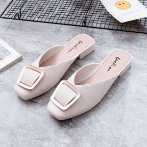 Free Shipping Ready-To-Ship Trendy New Slip-On Shoes With Square Buckles PVC Plastic Half-Coverage Design Flat-Soled And Half-Slipper Style For Women