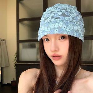 IUYJN Hollow Lace Pullover Hat Thin Flower Beanies Hat Breathable Big Head Sunscreen Cap Apparel Accessories