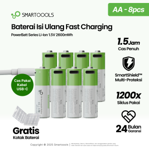 Baterai Cas Isi Ulang 8pcs Smartoools PowerBatt Ukuran AA Voltase 1.5V dengan port Type-C USB Rechargeable Lithium Ion Battery Isi Ulang 1200 Kali Bonus Casing Baterai