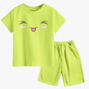 Setelan Anak Lengan Pendek Celana Pendek Motif Cartoon Face Series 1 - 10 Tahun