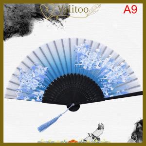 [Valitoo] Chinese Silk Folding Fan Wooden Shank Classical Dance Fan Home Decoration