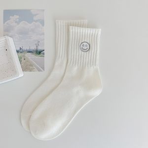 kaos kaki wanita  warna  putih bordir gambar smile panjang tinggi bawah betis bahan katun ankle socks 2325
