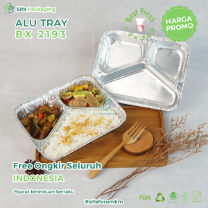 Alumunium Foil Tray Cup Bento Sekat 3 BX 2193 Catering Kotak Bekal Makanan Takeaway Wadah Makanan Kotak bento isi 125 Pcs