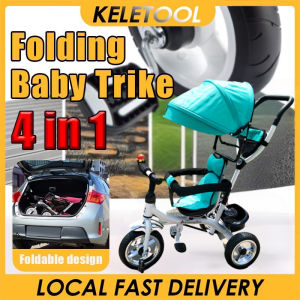 4-in-1 Folding Kids Tricycle Multifunctional Baby Push Stroller Toddler Bike with Adjustable Handle Removable Canopy for Outdoor Use