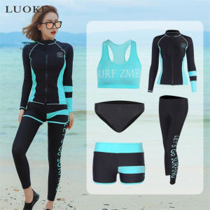 Luoke Women Rashguards 5 Pieces Black blue color matching Letter Prevent bask Snorkeling Diving