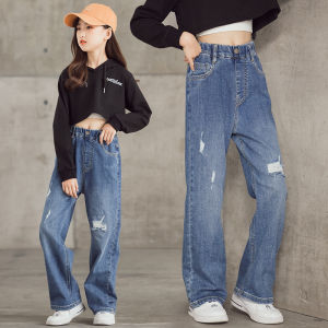 [zensasi] Celana Kulot Jeans Panjang Anak Perempuan Motif Sobek Ripped Warna Biru