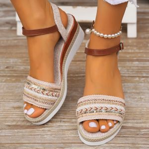 Straw-Woven Rhinestone Glitter Wedge Platform Sandals New Summer Style Simple And Comfortable Fashion Buckle High Heels