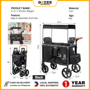 2 High Seats Folding Stroller Wagon for 2 Kids with Protection 5-Point Harnesses Button Buckle