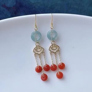 Natural A Red jadeite earrings paired with blue water donuts 14k Gold-plated accessories earrings Chinese style ear jewelry