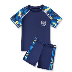 Kids Navy Blue Wave Pattern Rashguard Set with Shorts for Boys & Girls 3-14 Years