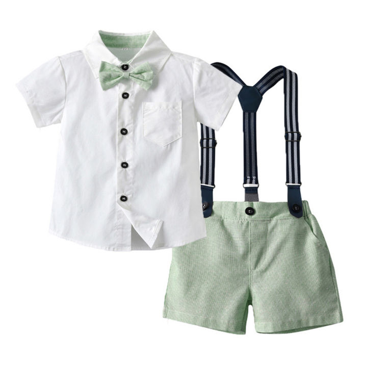lontakids Baby Boys Short Sleeve White Shirt Green Pink Suspender
