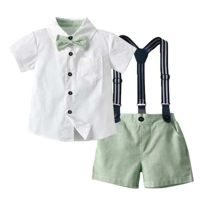 lontakids Baby Boys Short Sleeve White Shirt Green Pink Suspender
