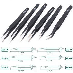 6PCS ESD Stainless Steel Tweezers High Precision Anti-static Industrial Electronic Component Maintenance Curved Straight Tweezers Set for Car Electrical Connection Tools