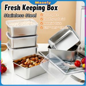 Masely Fresh Keeping Box with Lid Stainless Steel Food Container Fridge Frozen Storage Box 1Pc