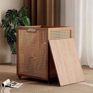 FFBH Wood Dirty Laundry Basket Lid Wheels Move Dirty Clothes Container Bathroom Woven Baskets Clothes Storage Useful Home Accessories 2Z6B7