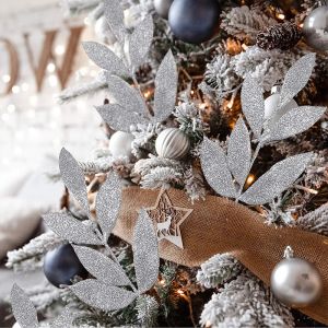 【iloverosemerry】5Pcs Artificial Glitter Olive Leaves DIY Christmas Tree Wreath Garland Decoration Gold Silver Fake Plant Leaf Home New Year Party Ornament