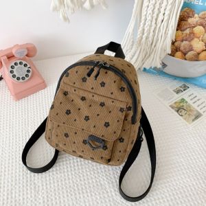 DOHOHO Flower Print Small Backpacks Multiple Pocket Corduroy Women Shoulder Bag Fashion Lightweight Mini Backpack Women