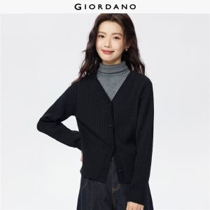 GIORDANO Women Cardigans V-Neck Cable Knit Cardigans Button Closure 12-Gauge Knit Classy Chic Fashion Casual Cardigans 05355703