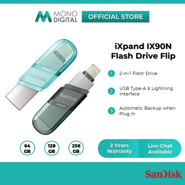 Flash sale-localSanDisk iXpand Flash Drive Flip 2-in-1 Dual Drive OTG Lightning & USB 3.1 Gen 1 for iPhone & iPad (256GB/128GB/64GB/32GB) IX90N