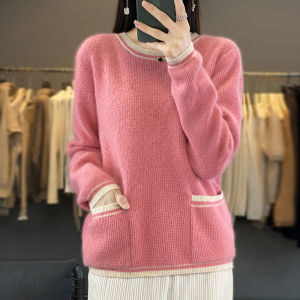 Autumn and Winter Aanti-Freeze Pullovers O-Neck Pure Mink Cashmere Sweater Womens Bottom Knit Shirt Matching Color Pocket Tops