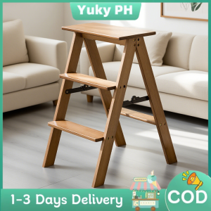 Multifunctional Ladder Bamboo Stool Foldable Three-Step Ladder High Climbing Dual use Solid Wood Ladder Domestic Folding Stool Kitchen Living Room Wooden Chair Ladder