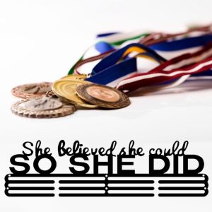 ZYJC MALL Ironwork So She Did Medal Hanger Sports Themed Wall Mount Ribbon Wall Rack Softball Custom Awards Frame Race