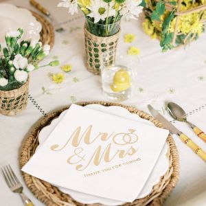 NCNC(OKDEALS01) 100pcs 3-Ply Mr Mrs Wedding Napkins Paper Bronzing Printed Disposable Napkins Dessert Tissue Soft tail Napkins for Wedding Anniversary