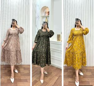 midi dress terbaru wanita 2024 bahan rayon premium motif kekinian