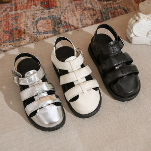 Thick-soled Casual Roman Baotou Sandals: Women's Summer New Hong Kong Style Retro Cut-out Woven Silver Pigcage Shoes