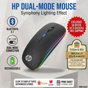 HP W10 Dual Mode Wireless Mouse Bluetooth + 2.4GHz Rechargeable RGB Optical Mouse Silent Click Ergonomic Design USB Receiver Adjustable DPI Portable Mouse for Laptop PC MacBook & Tablet