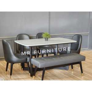 Set Meja Makan Top Marmer Putih Carrara Kaki Hitam Kursi 4 & Bench