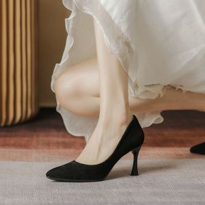 Free Shipping Black Suede High-Heeled Shoes Pointed Toe Stiletto Heel Suitable For Spring And Autumn Professional Work Shoes Formal Shoes For Students And WomenS Formal Attire