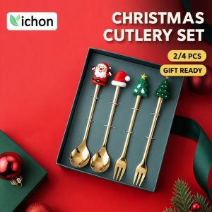 Christmas Spoon Fork Set Santa Snowman Dessert Coffee Flatware Stainless Steel Gift Box Kids Tableware
