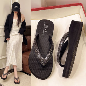 [Free Shipping] WomenS Summer Rhinestone Sandals Fashionable Outdoor Wear 2026 Beach Shoes Wedge Heel Breathable Flip-Flops