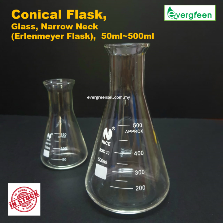 Conical Flask, Glass, Narrow Neck (Erlenmeyer Flask), 100ml Lazada
