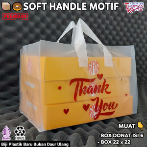 Kantong SOFT HANDLE 30x30 Motif THANK YOU COKLAT Box Donat isi 6 Box Hokben Coklat / Snack Ultah