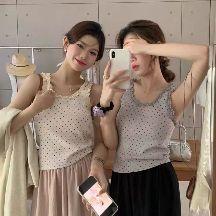 Áo Hai Dây Ren Chấm Bi Ngọt Ngào Và Tươi Trẻ Nữ Mặc Bên Ngoài Dệt Kim