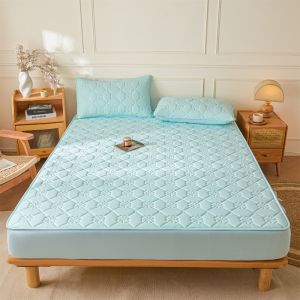 Quilted Antibacterial Fittedsheet Plaid Lucky Clover Series Mattress Protector Queen/King Size Pillowcase