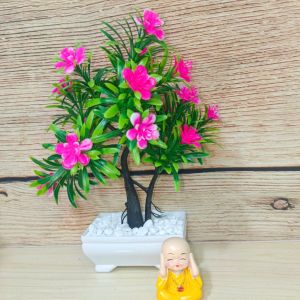 Chậu cây hoa giả bonsai để bàn kèm chậu nhựa ( hoa nhựa cao 25cm tán rộng 17cm) hoa giả trang trí