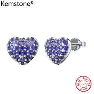 Kemstone S925 Sterling Silver bạc đầy đủ 4A đá Cubic Zirconia màu tím màu xanh vàng trái tim trang sức mạ Bông tai cho món quà của phụ nữ đồ trang sức