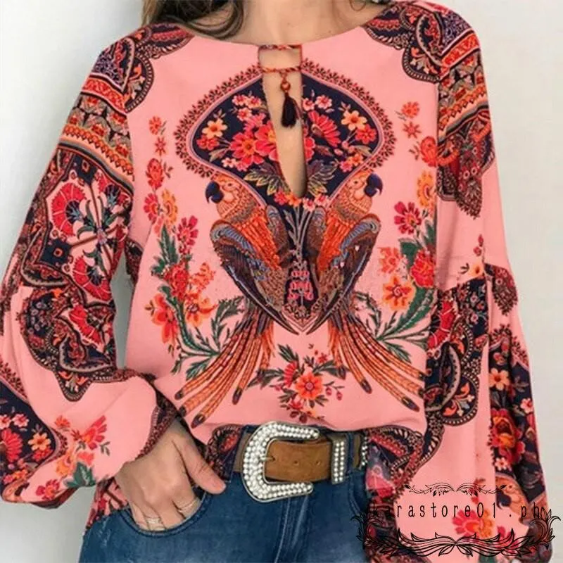 Ready Stock】Women Bohemian Clothing Plus Size Blouse Shirt Vintage Floral  Print Tops Ladies s Blouses Casual Blusa Feminina Plus size905