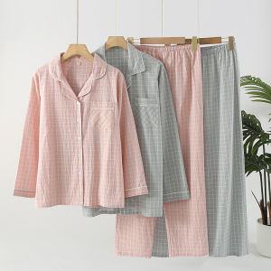 2026 Couple pajamas spring and autumn 100% pure cotton double-layer cotton yarn mens and womens long-sleeved trousers set loose plus size loungewear