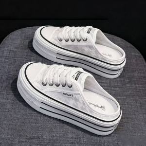 Free Shipping Thick-Soled Lace Canvas Slippers For Women 2026 Spring And Autumn New Style Slip-On Lazy Mules With Closed Toe White Shoes