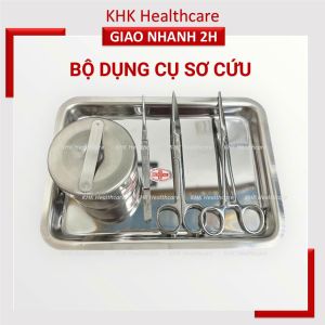Bộ dụng cụ y tế gia đình cơ bản - 1 khay inox 17 x23 1 nhíp 14 không mấu 1 kéo 16 nhọn 1 panh 16 thẳng không mấu 1 hộp gòn inox đúc Φ7.5