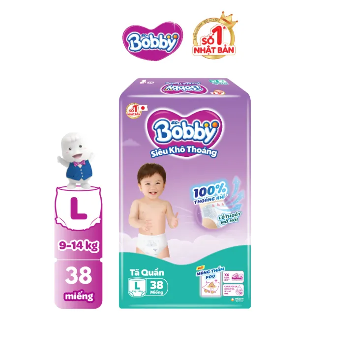 Tã quần Bobby Siêu Khô Thoáng - 100% Thoáng Khí Jumbo L38