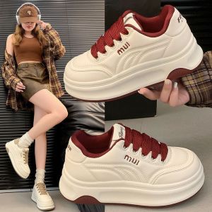 Fashion platform sports casual shoes womens 2025 spring new versatile round head leather white shoes heightening womens board shoes