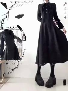 Autumn France Vintage Black Long Sleeve Dress Womens Hepburn Warm Slim Darkly Elegant Dresses Gothic Bow A-line Long Dresses